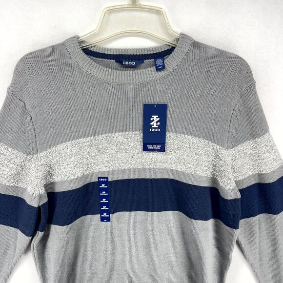 IZOD Woods Cove Chest Stripe Sweater Crew Neck Med Gray Heather Mens Size S NEW - Picture 4 of 10